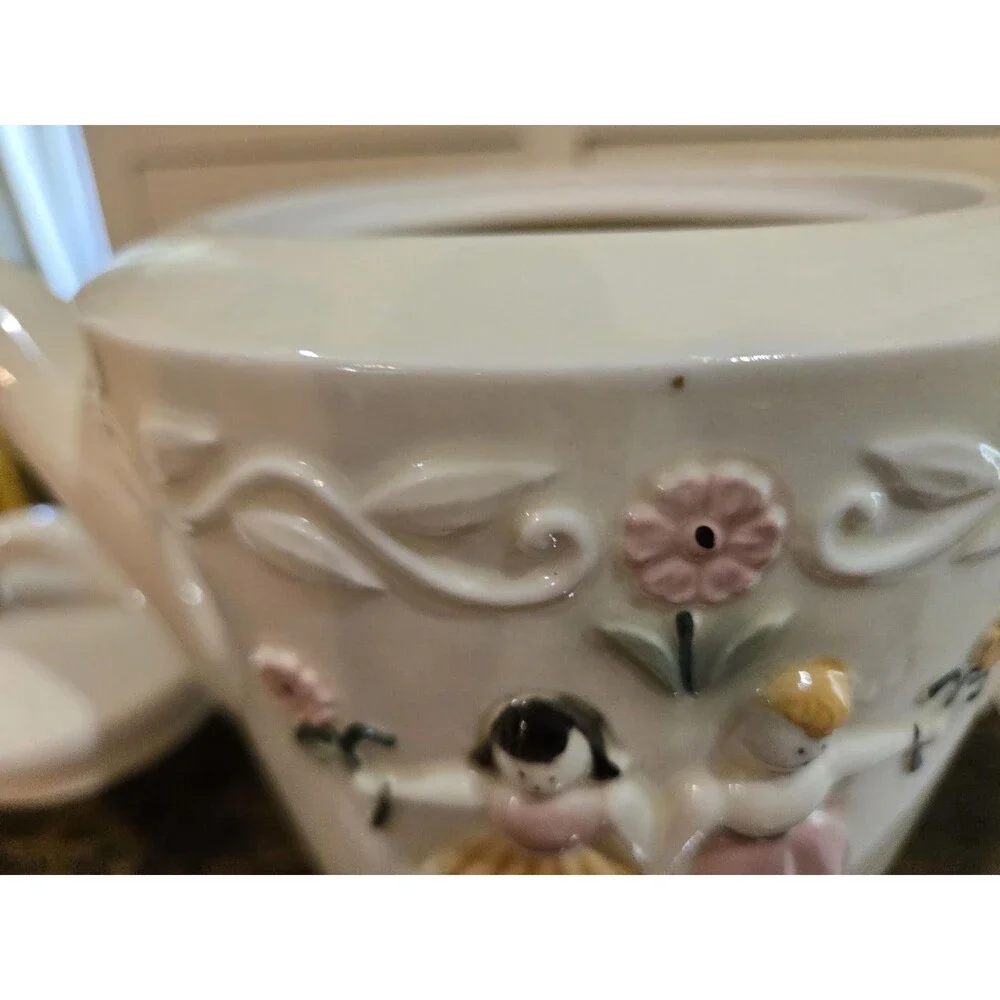 Vintage porcelier vitreous china teapot, Dutch children with‎ flowers